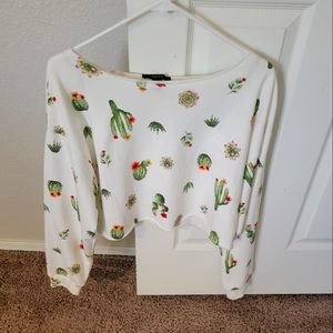 Cream Color Crop Sweatshirt w Cactus and Succulent Plants Long Sleeve Medium